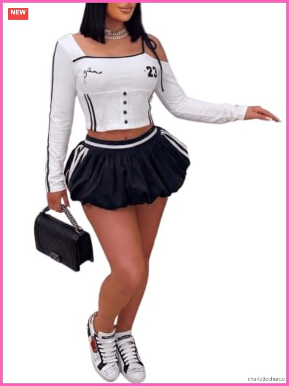2-Piece Y2K Skirt Set Crop Top Lace Trim Long Sleeve Pleated Skort Party Club